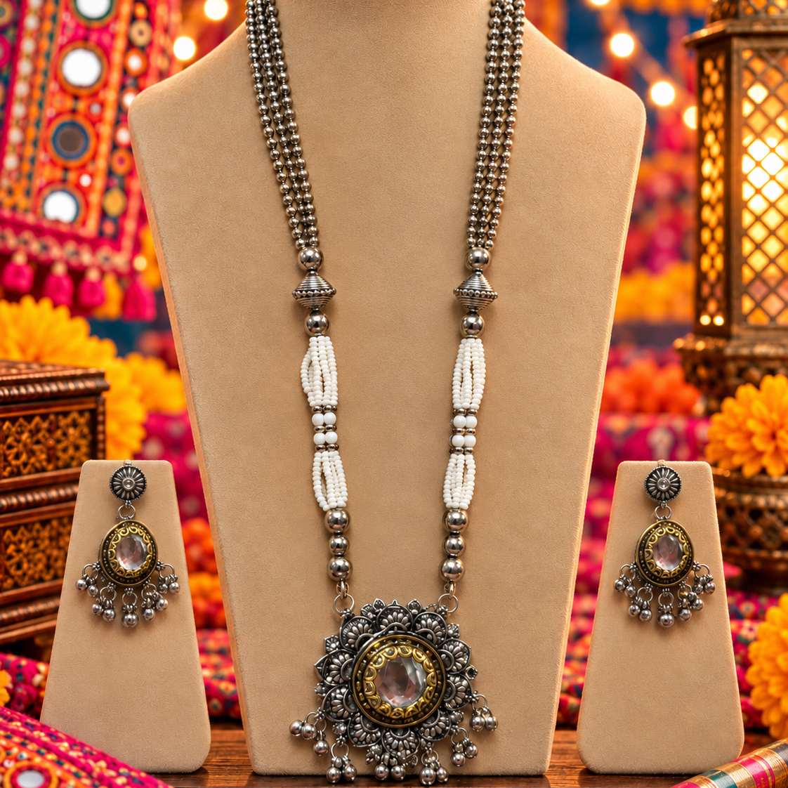 Oxidised Round Stone Necklace Set