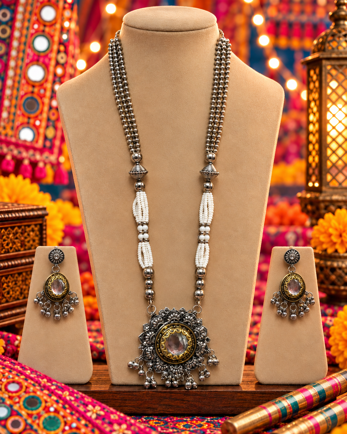 Oxidised Round Stone Necklace Set