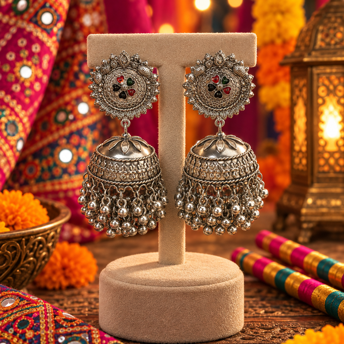 Oxidised Floral Jhumka Earrings
