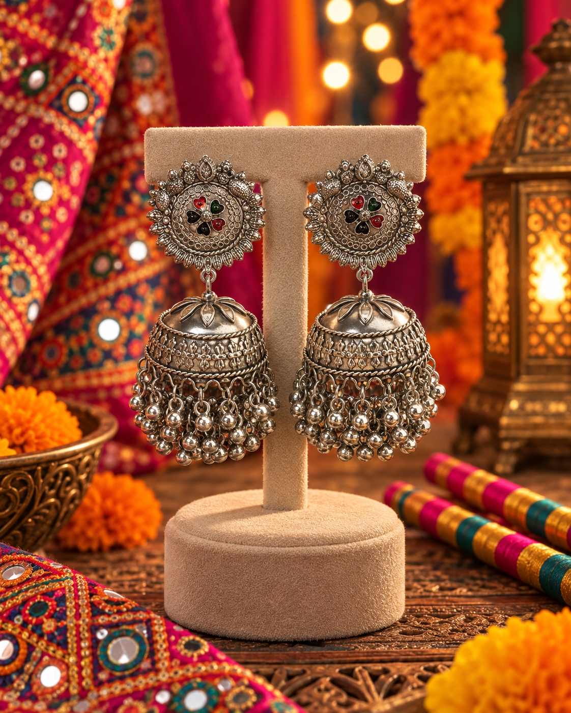 Oxidised Floral Jhumka Earrings