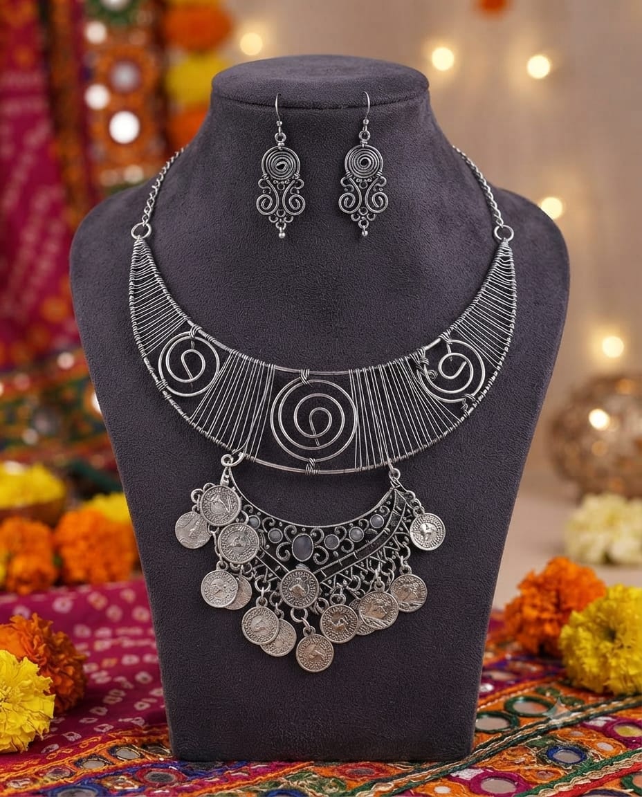 Oxidised Blue Detail Necklace Set