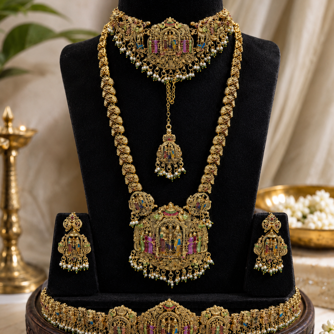 Temple Semi-Bridal Gold Plated Jewellery Set