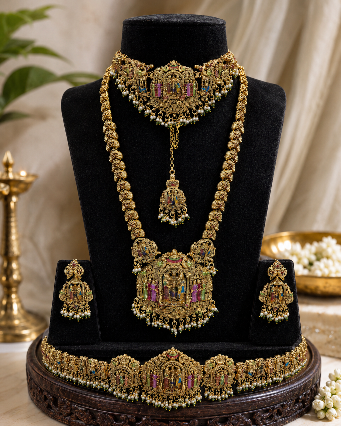 Temple Semi-Bridal Gold Plated Jewellery Set