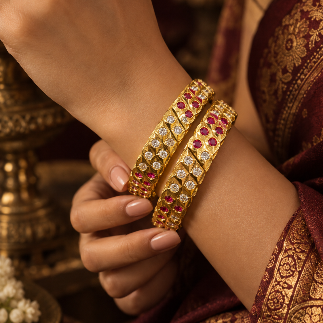 Gold Plated Pink White Stone Designer Bangle