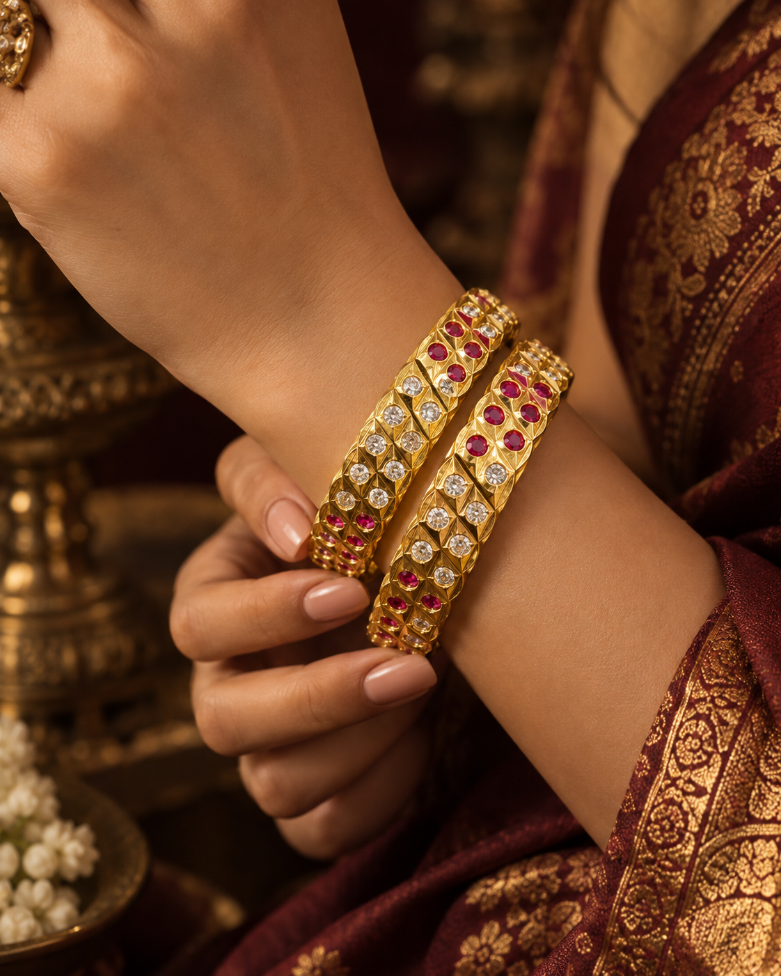 Gold Plated Pink White Stone Designer Bangle