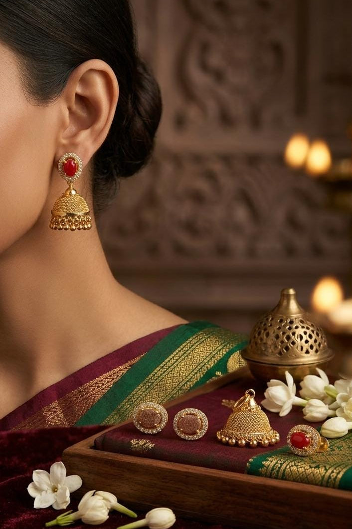 Gold Finish Red Stone Changeable Jhumka Earrings Set
