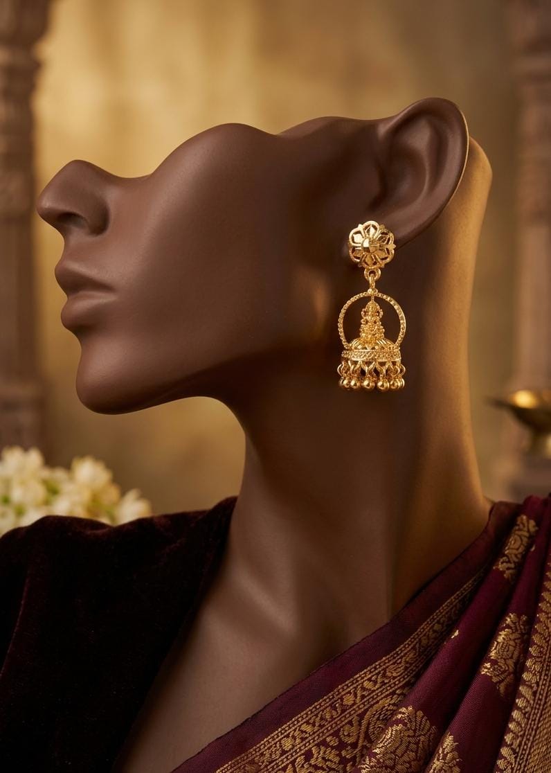 Gold Finish Floral Goddess Jhumka Earrings