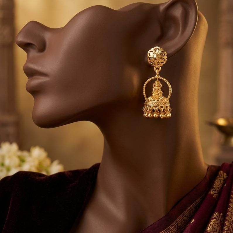 Gold Finish Floral Goddess Jhumka Earrings