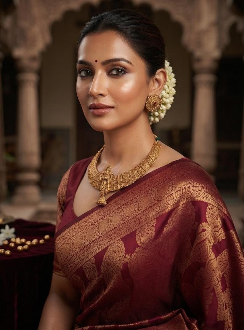 Gold Finish Lakshmi Motif Statement Necklace