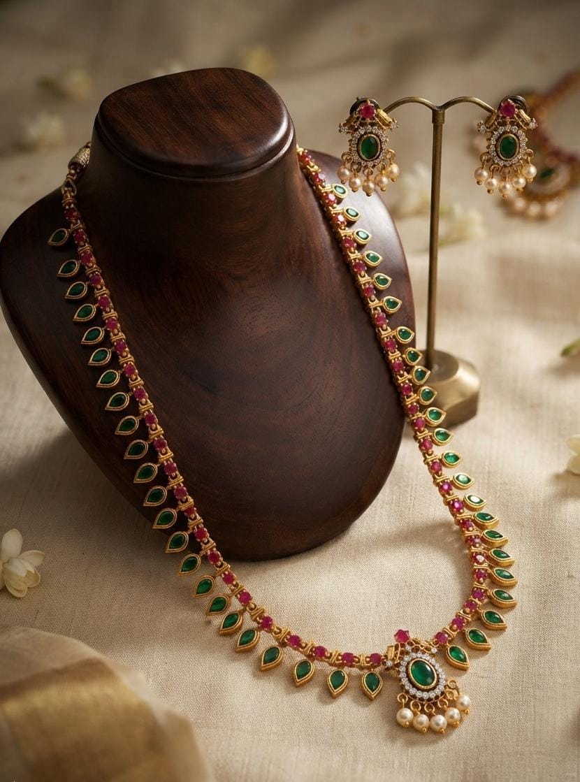 Green Stone Floral Drop Necklace Set