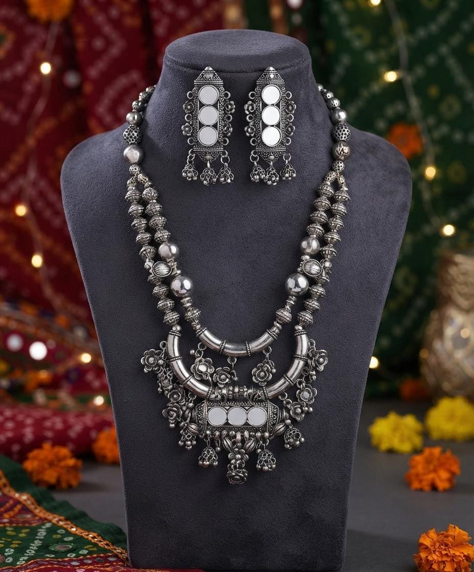 Oxidised Layered Statement Necklace Set
