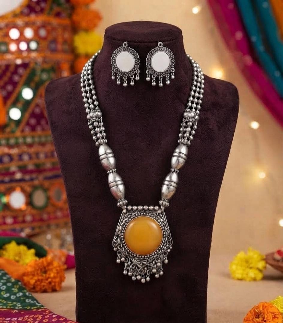 Oxidised Yellow Stone Necklace Set