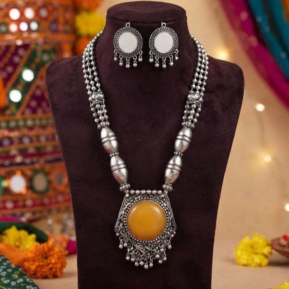 Oxidised Yellow Stone Necklace Set