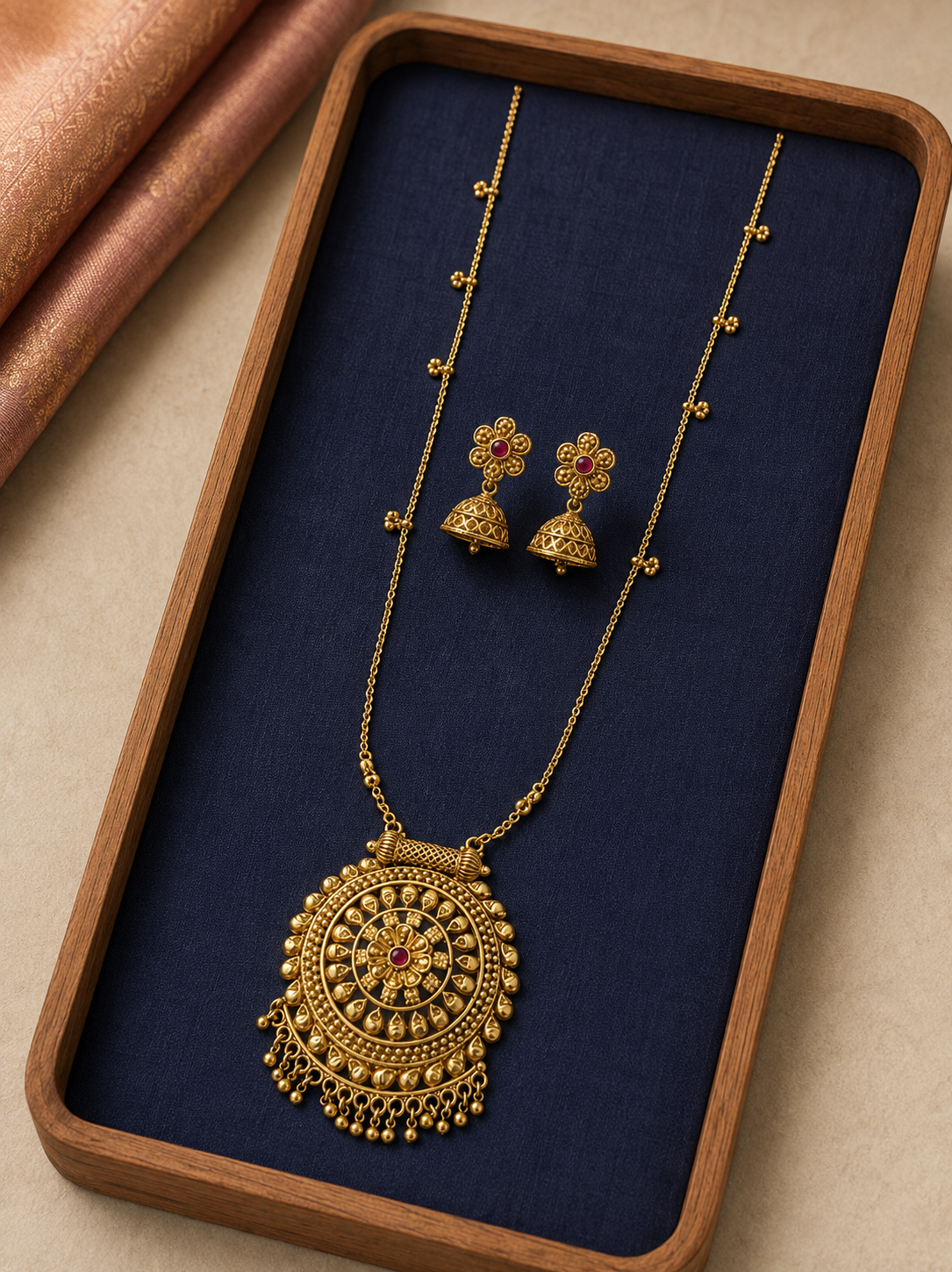 Circular Filigree Gold Tone Pendant Necklace Set