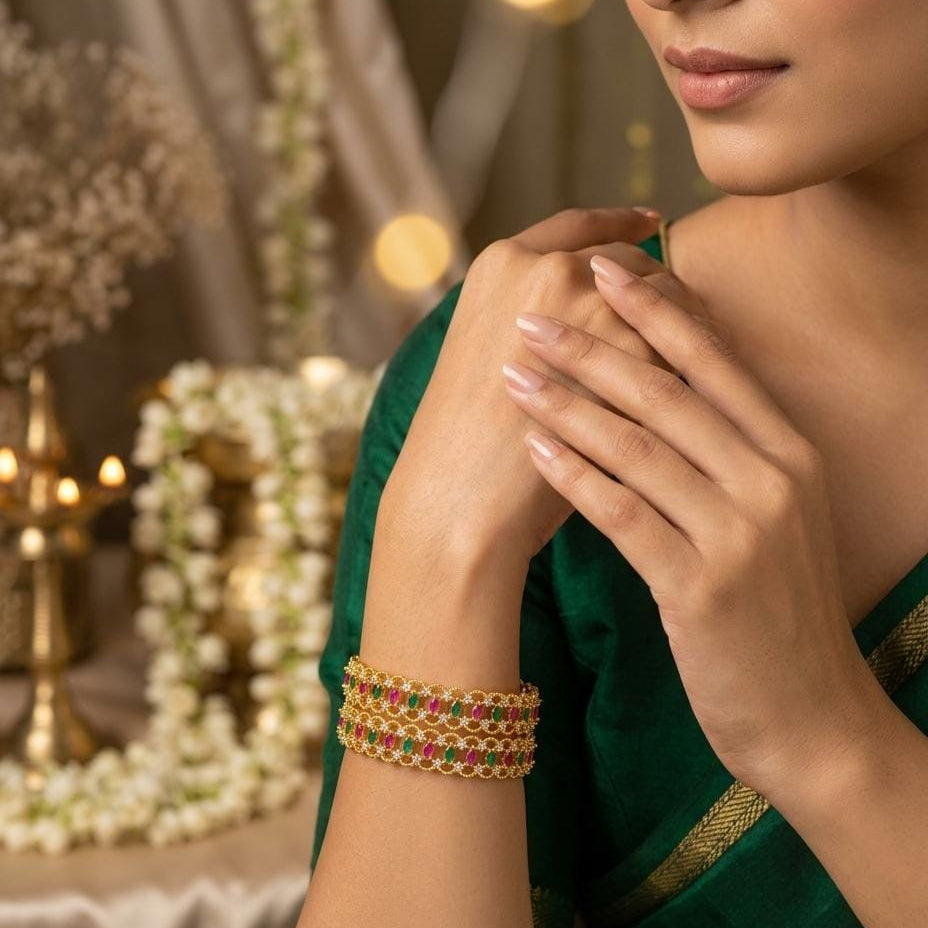Gold Plated Pink Green Stone Broad Bangle
