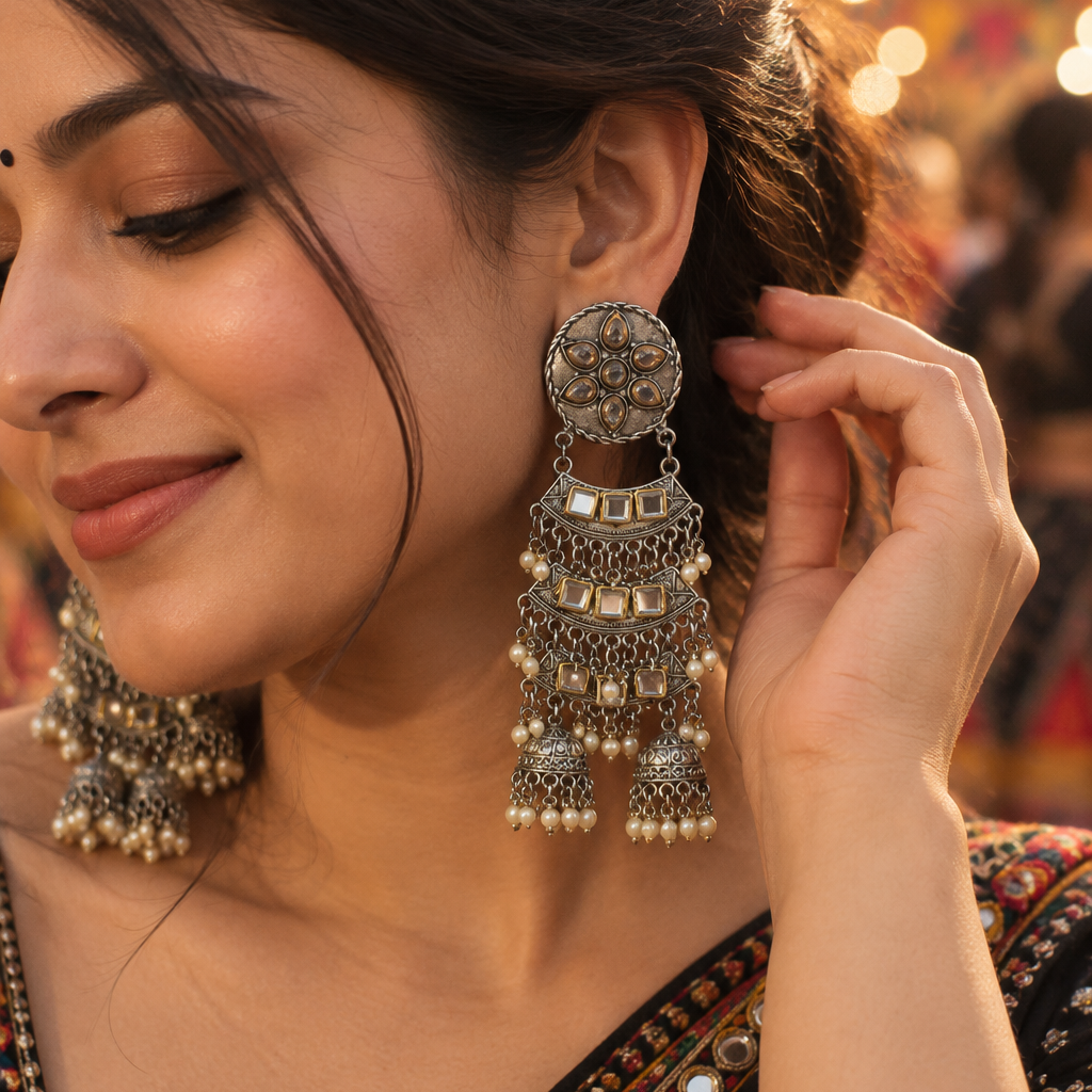 Oxidised Layered Jhumka Earrings