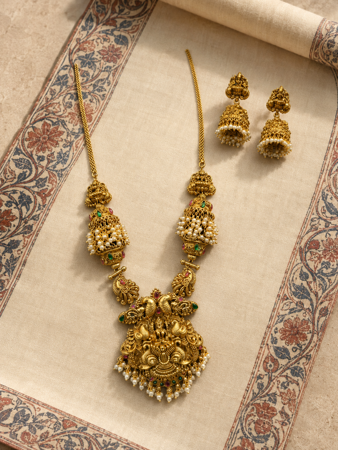 Elephant Lakshmi Devi Long Gold Plated Necklace Set