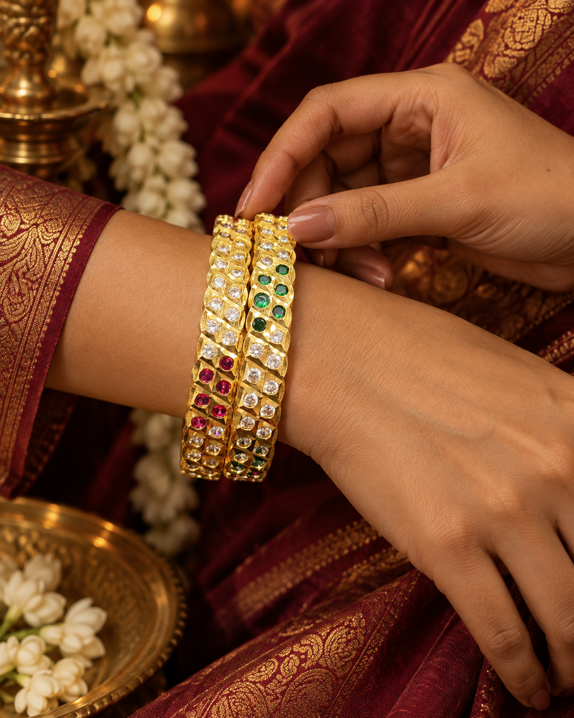 Gold Plated Green Pink White Stone Bangle