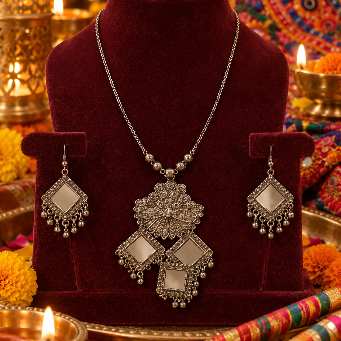 Oxidised Geometric Necklace Set