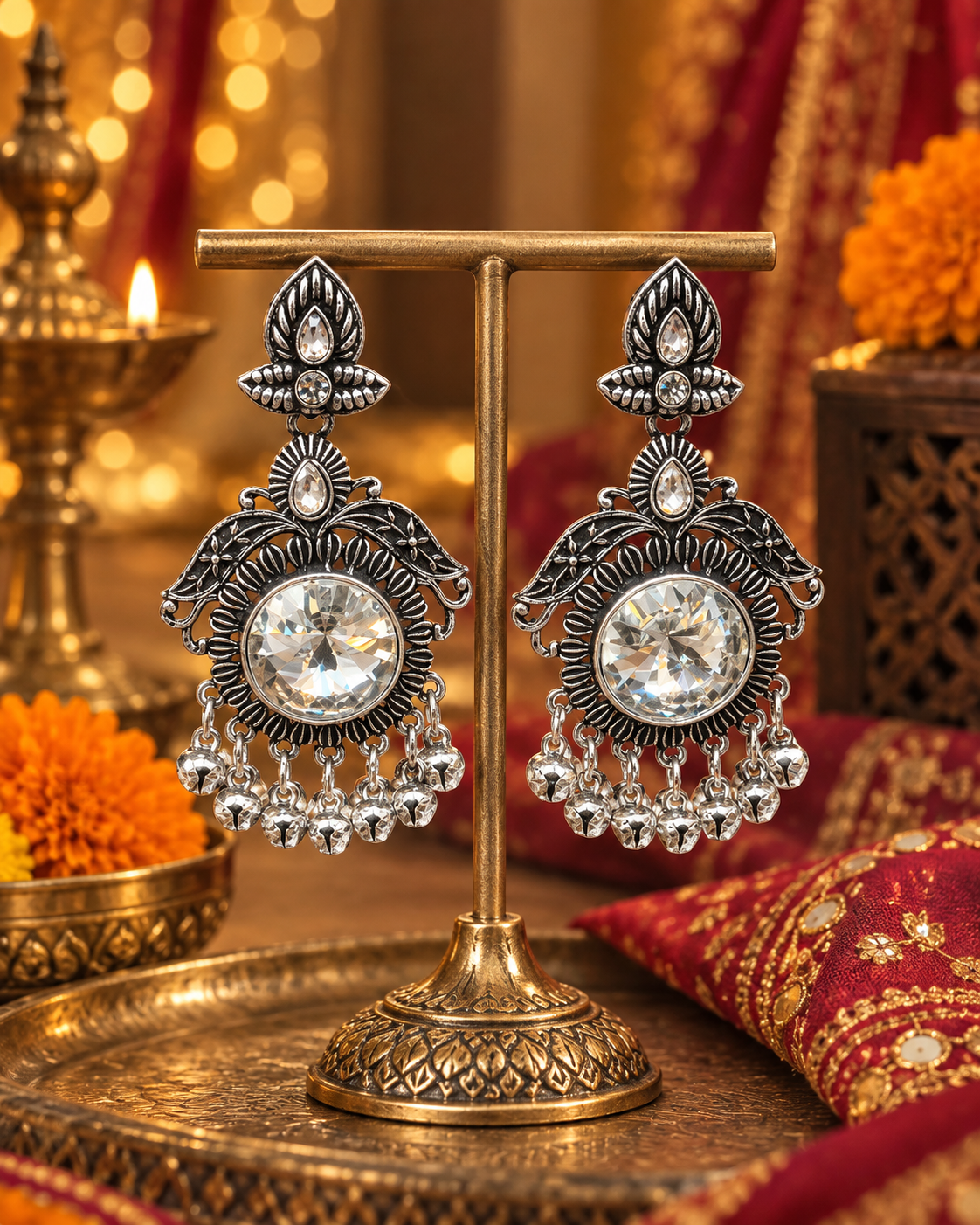 Oxidised Round Stone Jhumka Earrings
