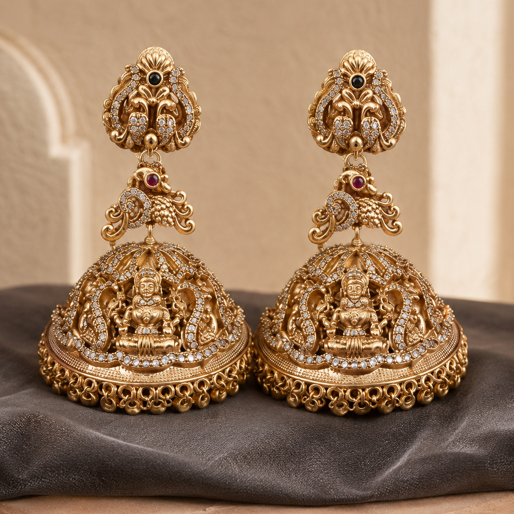 Lakshmi Devi Heavy Jhumka Gold Plated Earrings