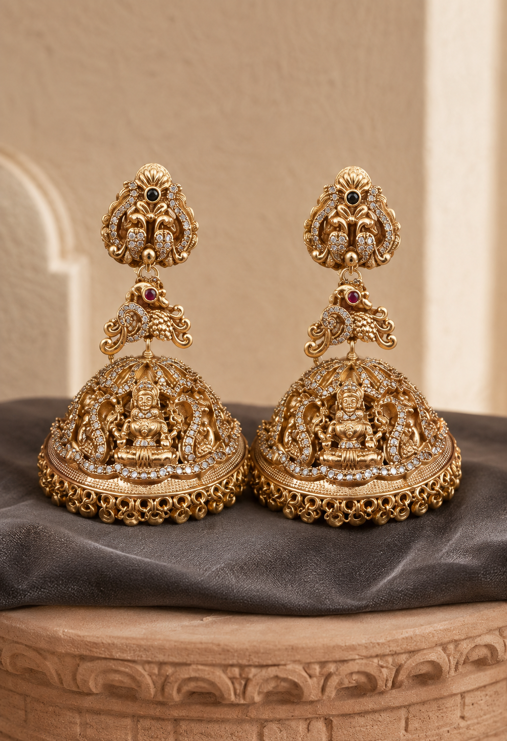 Lakshmi Devi Heavy Jhumka Gold Plated Earrings