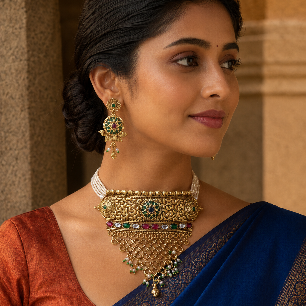 Rajwadi Floral Enamel Pearl Choker Set