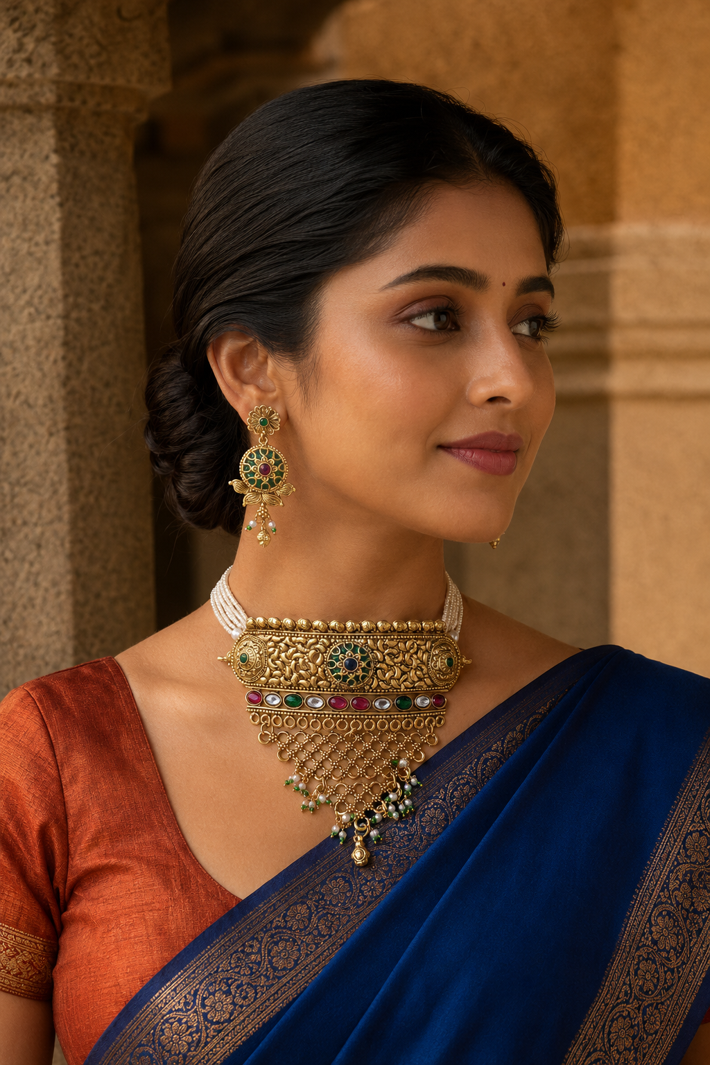 Rajwadi Floral Enamel Pearl Choker Set