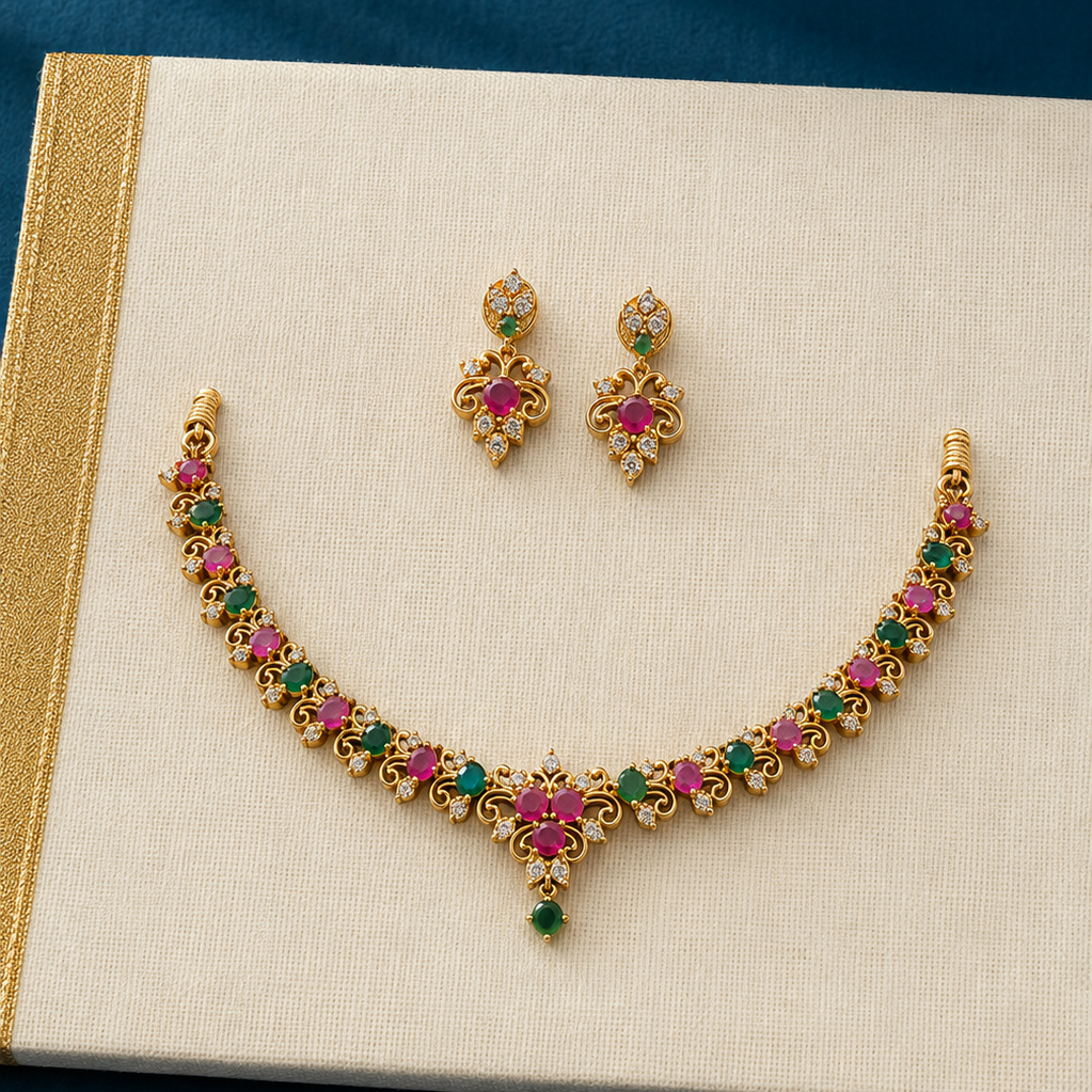 Pink Stone Floral Gold Tone Necklace Set