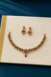 Pink Stone Floral Gold Tone Necklace Set