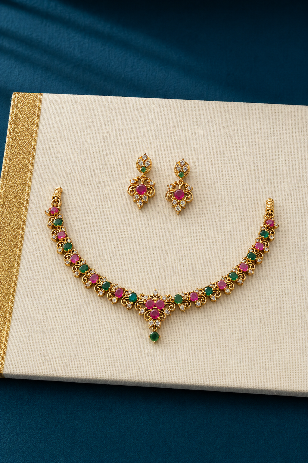 Pink Stone Floral Gold Tone Necklace Set