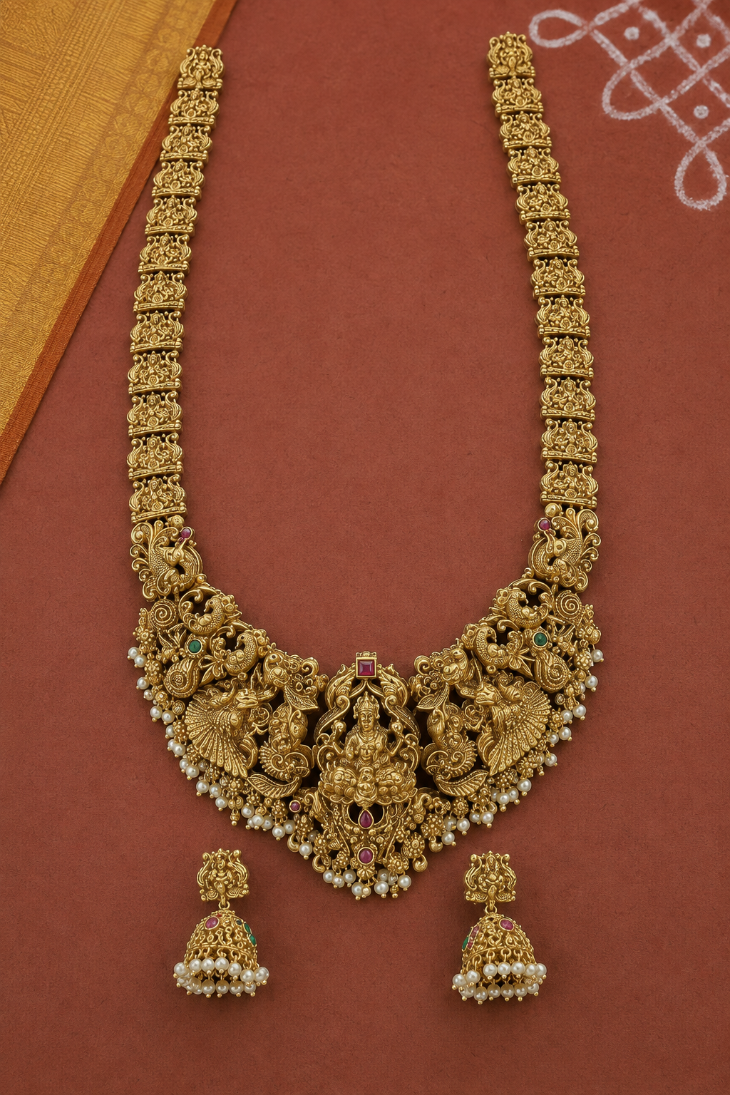 Lakshmi Devi Temple Long Gold Plated Necklace Set