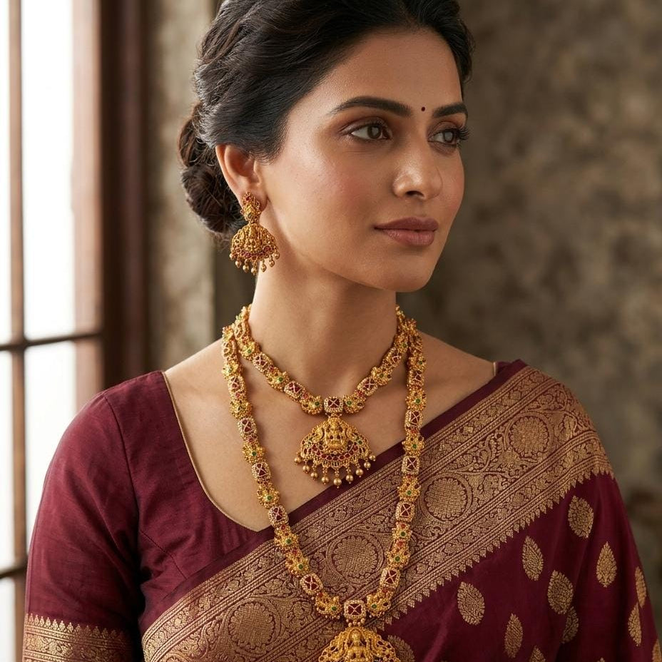 Layered Gold Finish Temple Necklace Set
