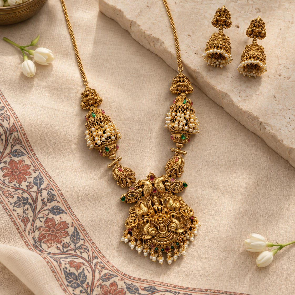 Elephant Lakshmi Devi Long Gold Plated Necklace Set