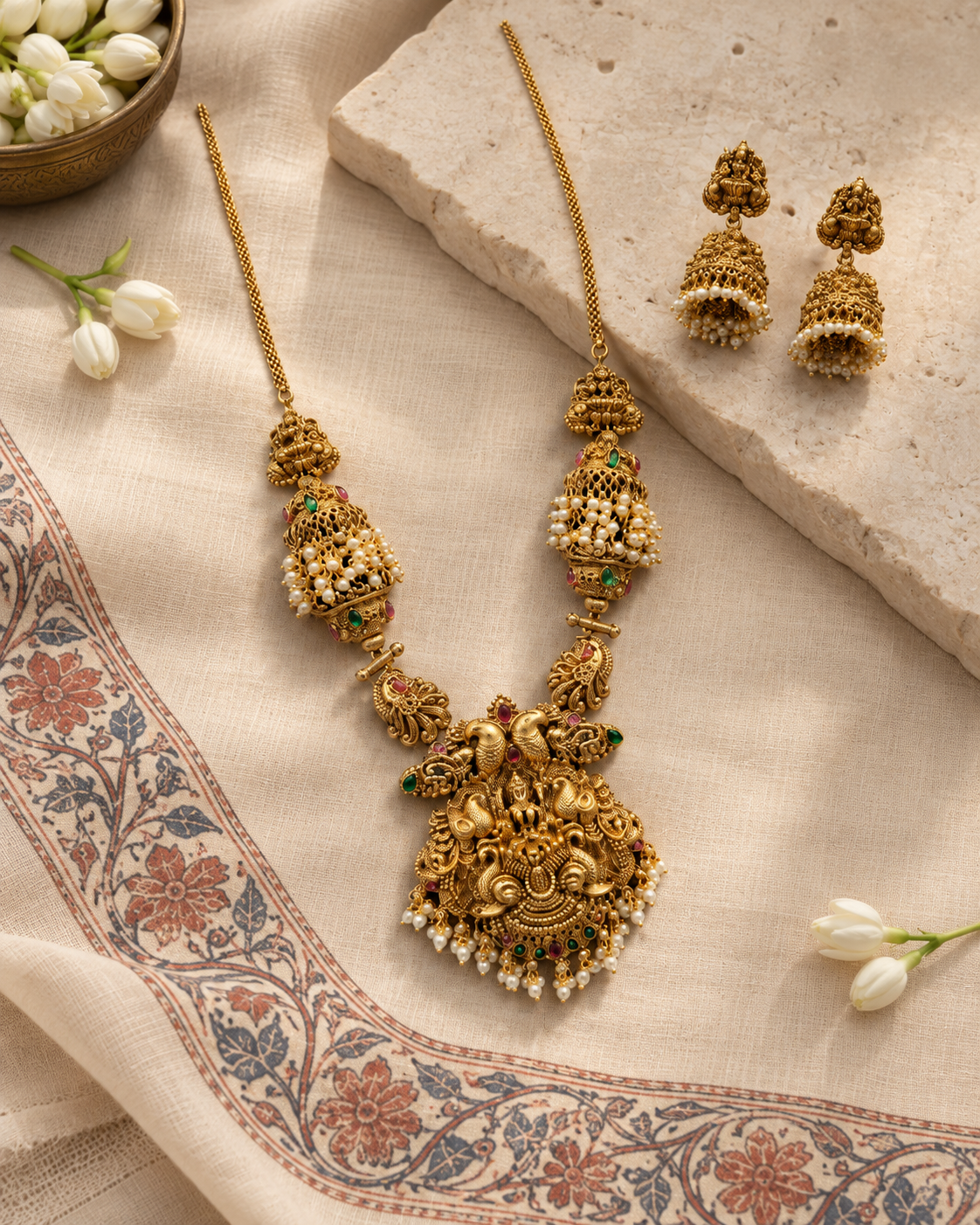 Elephant Lakshmi Devi Long Gold Plated Necklace Set