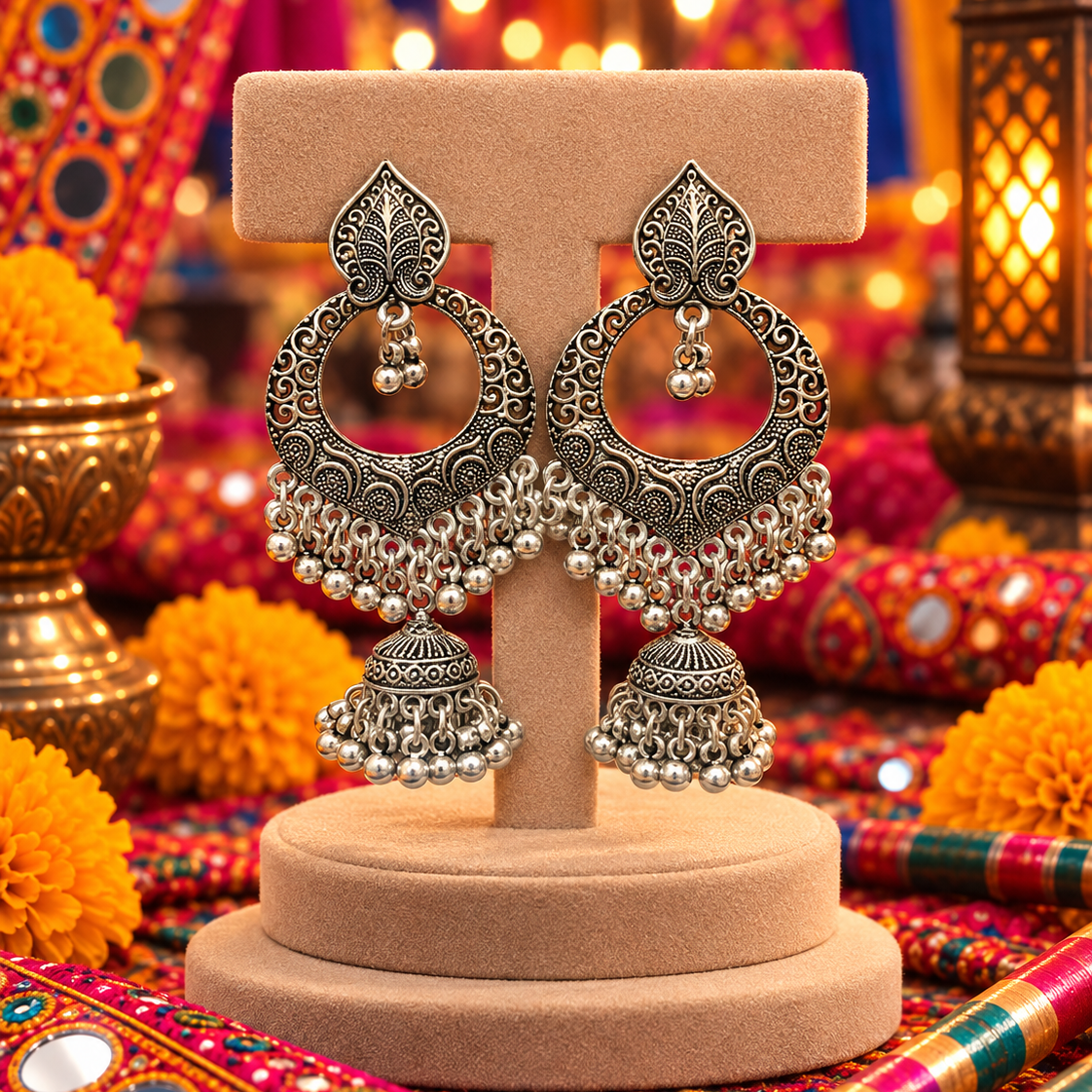 Oxidised Floral Jhumka Earrings