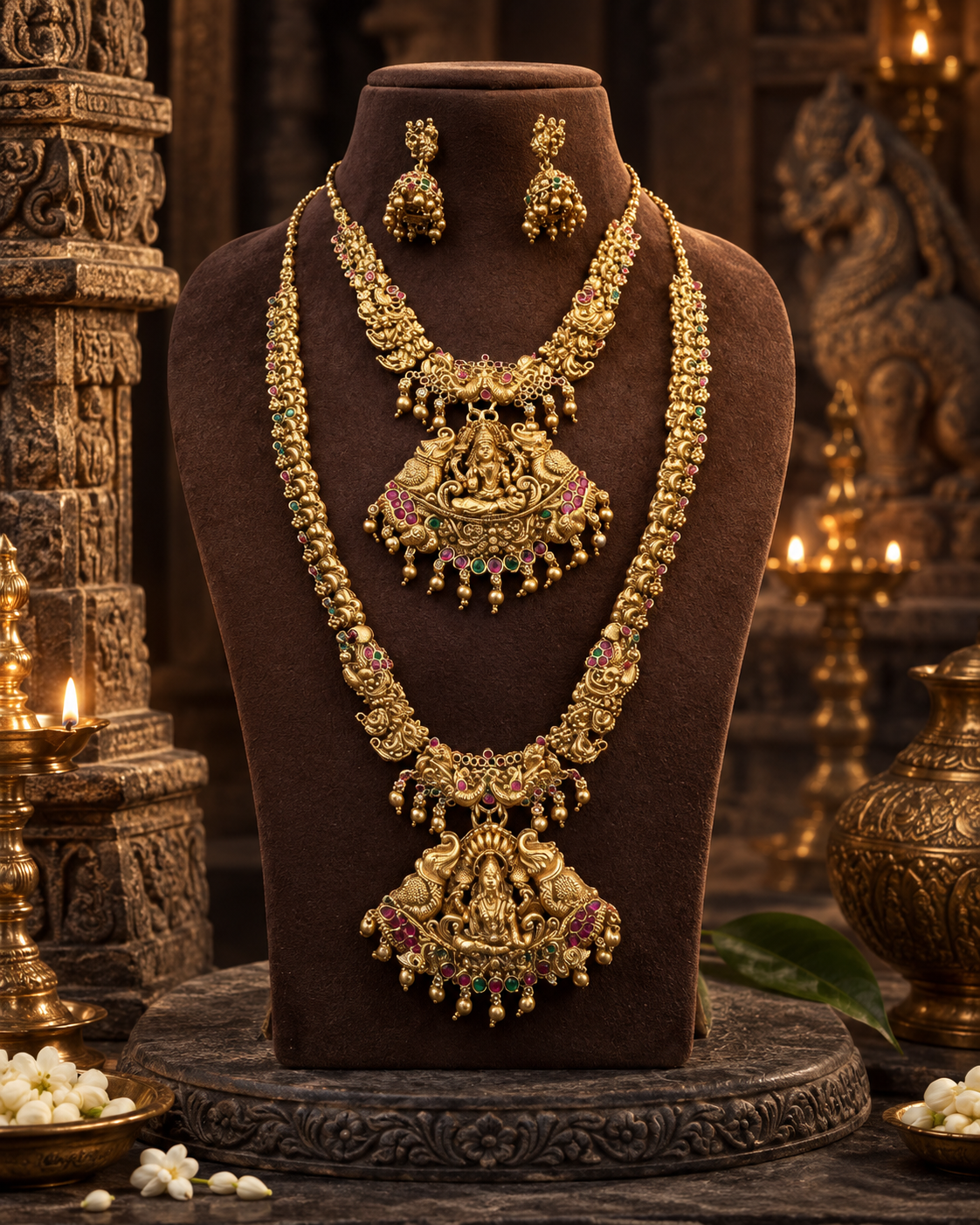 Lakshmi Devi Gold Plated Pendant Double Necklace Set