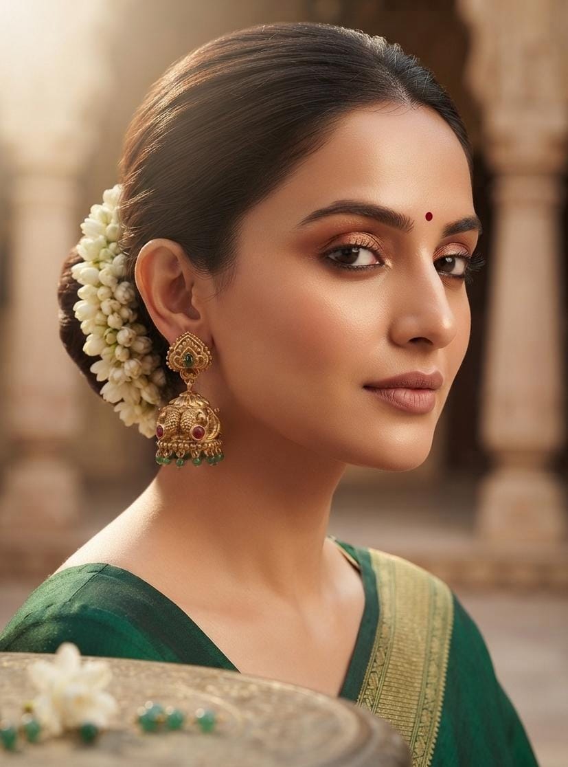 Gold Finish Lakshmi Jhumka Earrings with Green Accents