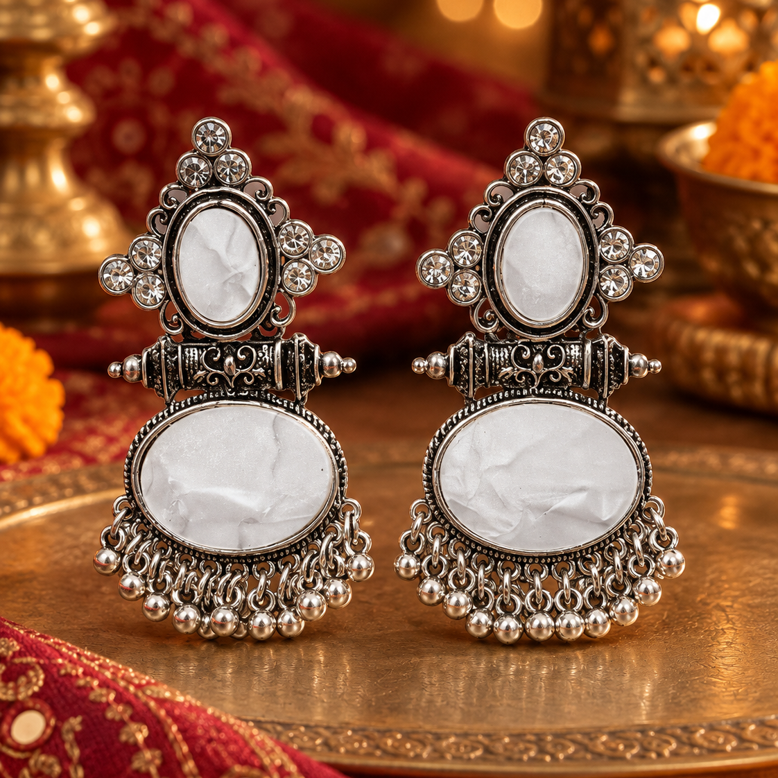 Oxidised Oval Stone Jhumka Earrings