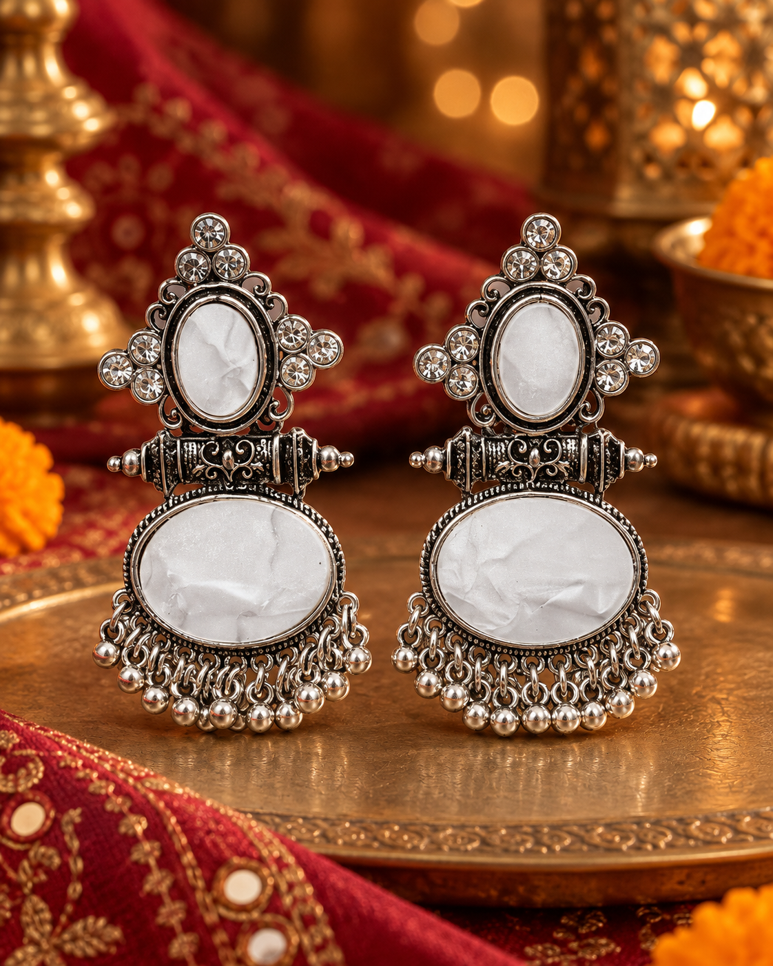 Oxidised Oval Stone Jhumka Earrings