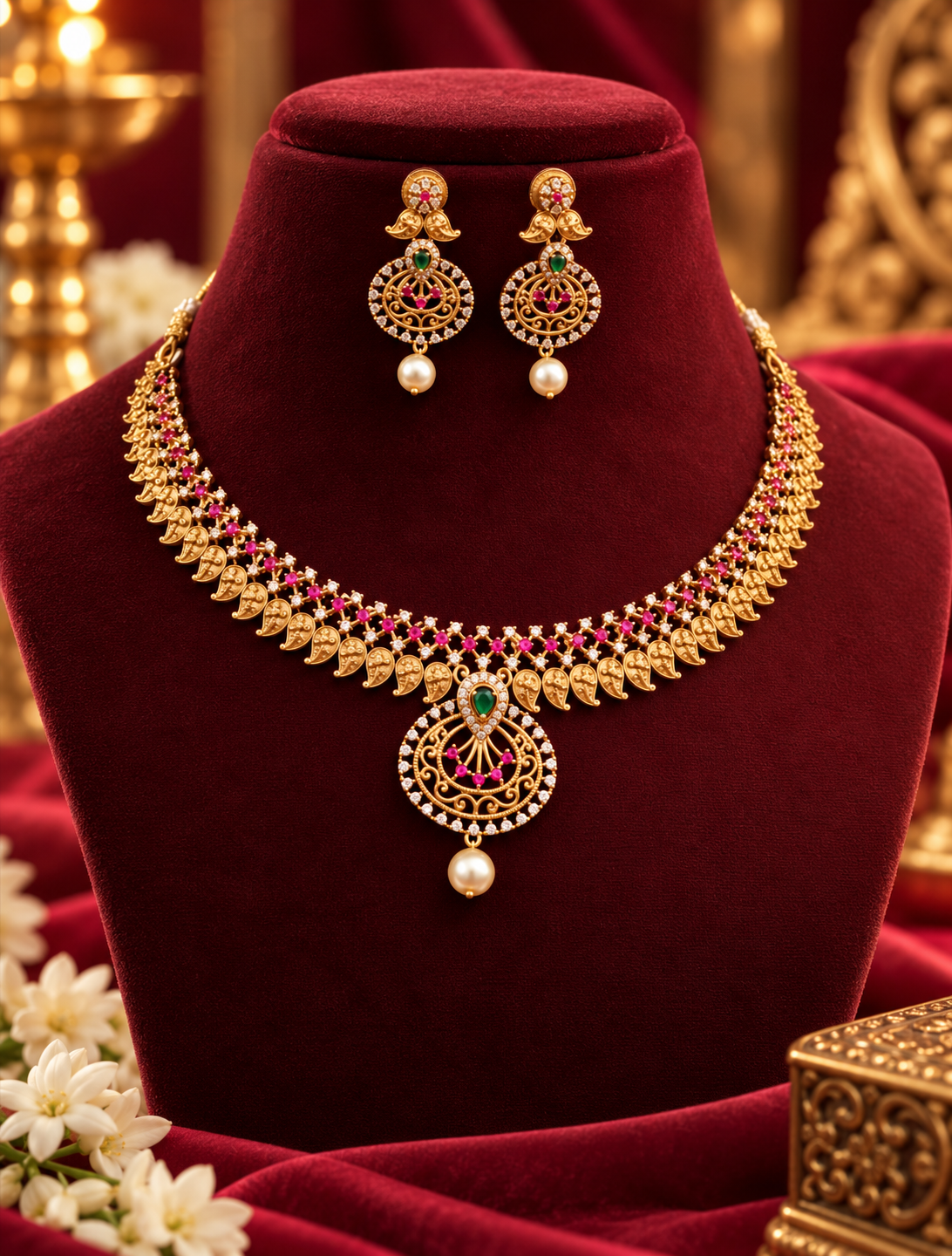 Gold Finish Traditional Pendant Choker Necklace Set with Earrings