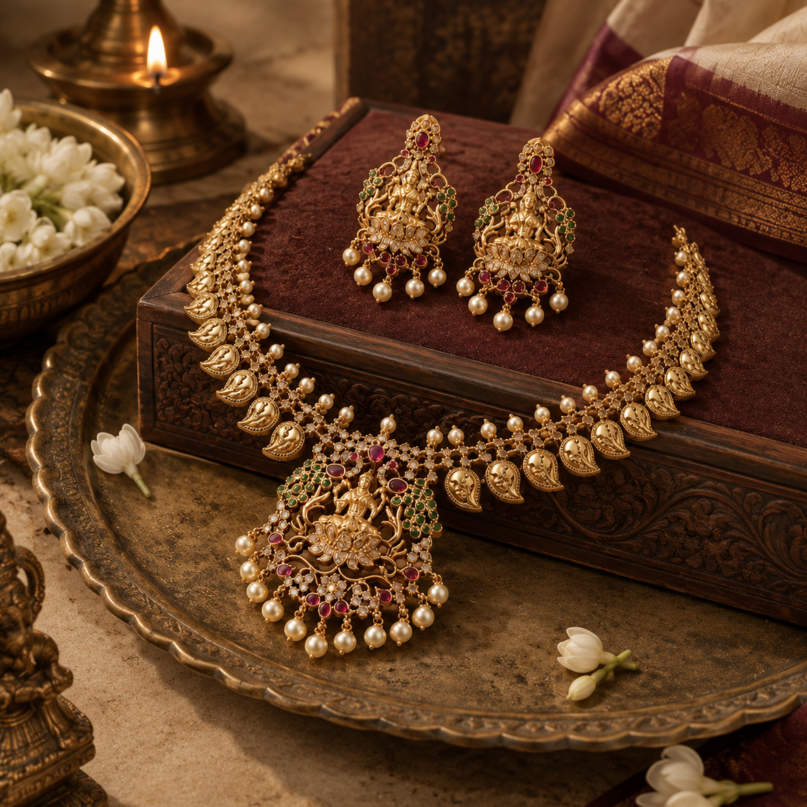 Divine Lakshmi Matte Gold Plated Amra Necklace Set with Earrings