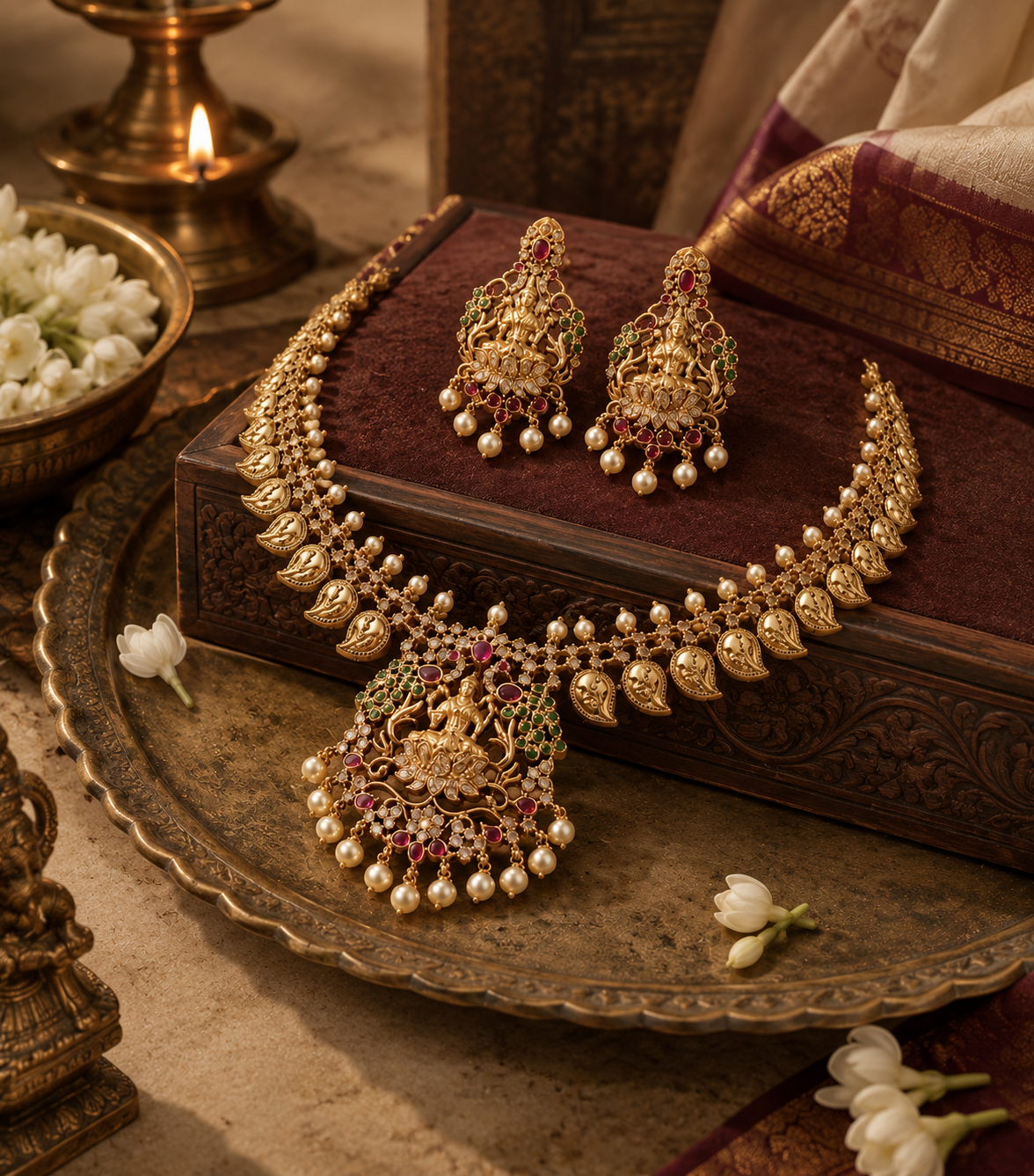 Divine Lakshmi Matte Gold Plated Amra Necklace Set with Earrings