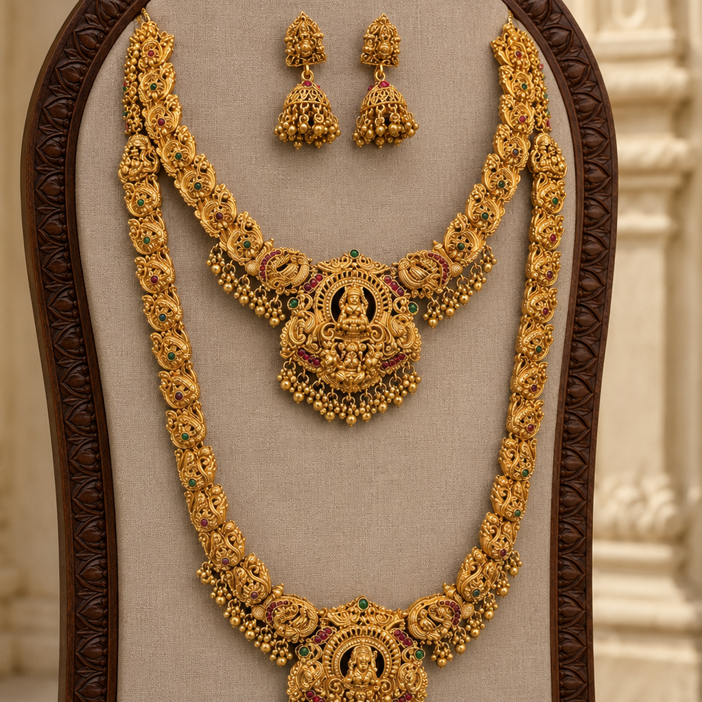 Lakshmi Devi Kasula Gold Plated Necklace and Long Haram Set