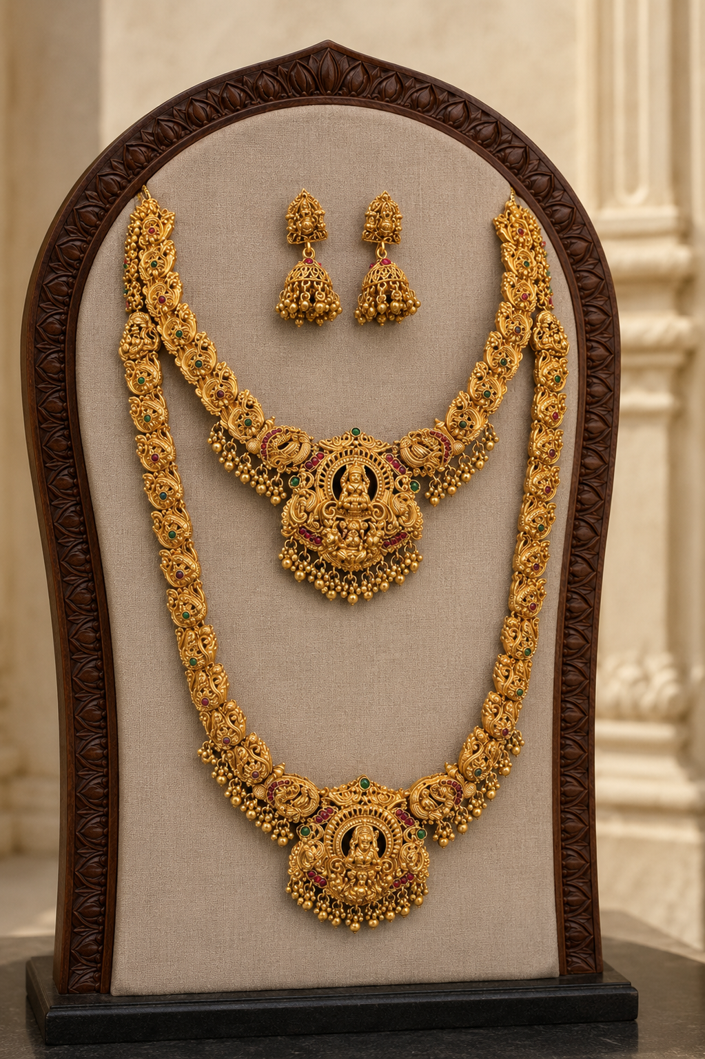Lakshmi Devi Kasula Gold Plated Necklace and Long Haram Set