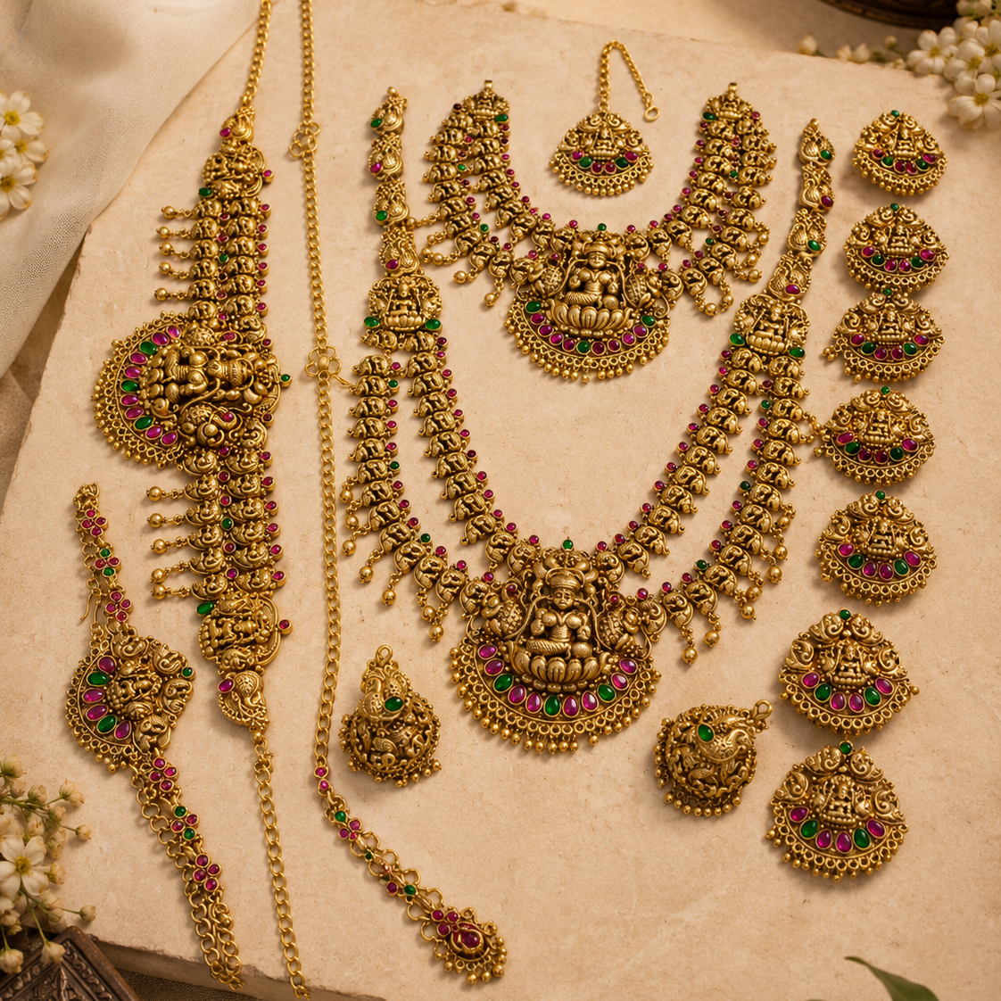 Multicolour Temple Bridal Gold Plated Jewellery Combo