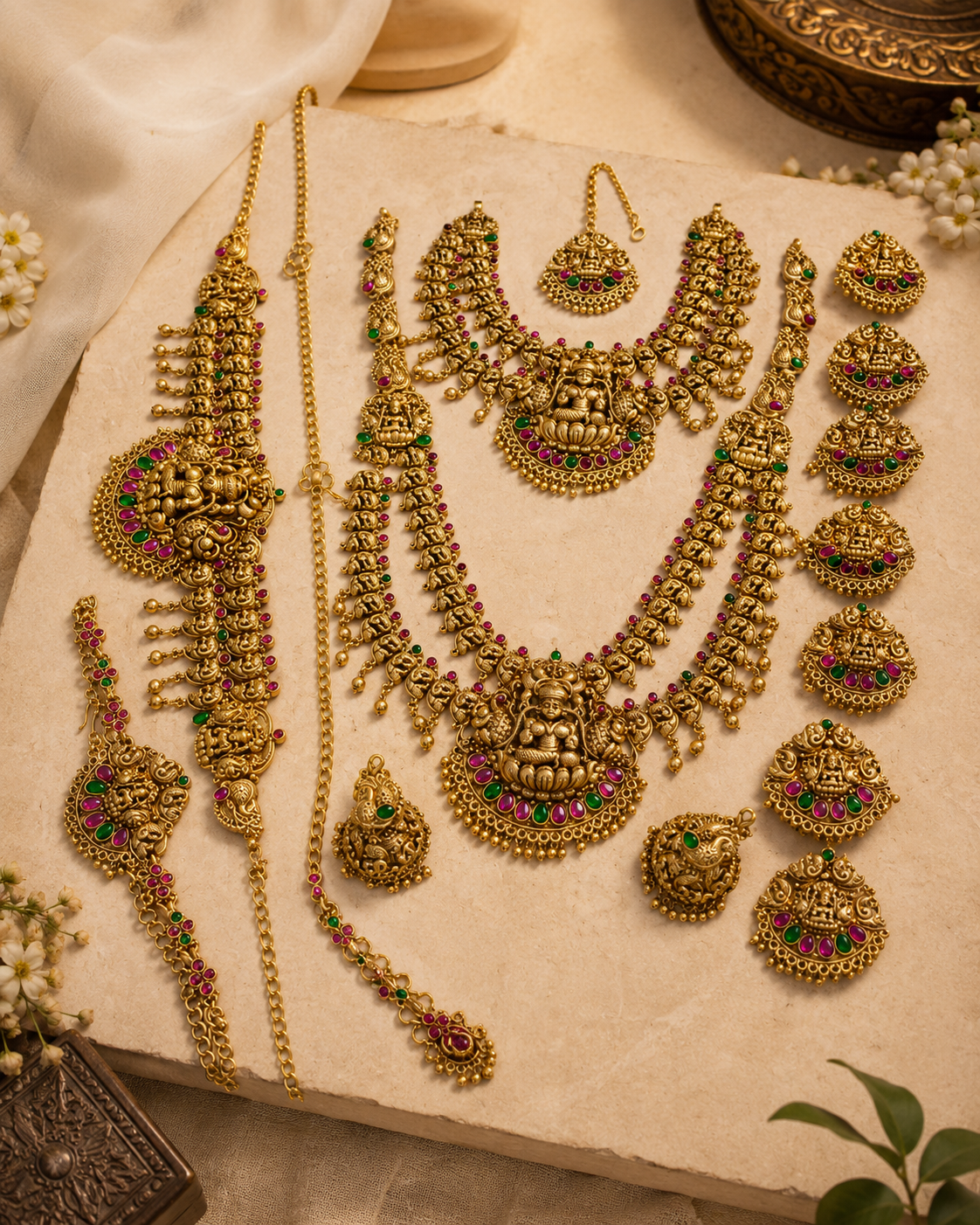 Multicolour Temple Bridal Gold Plated Jewellery Combo