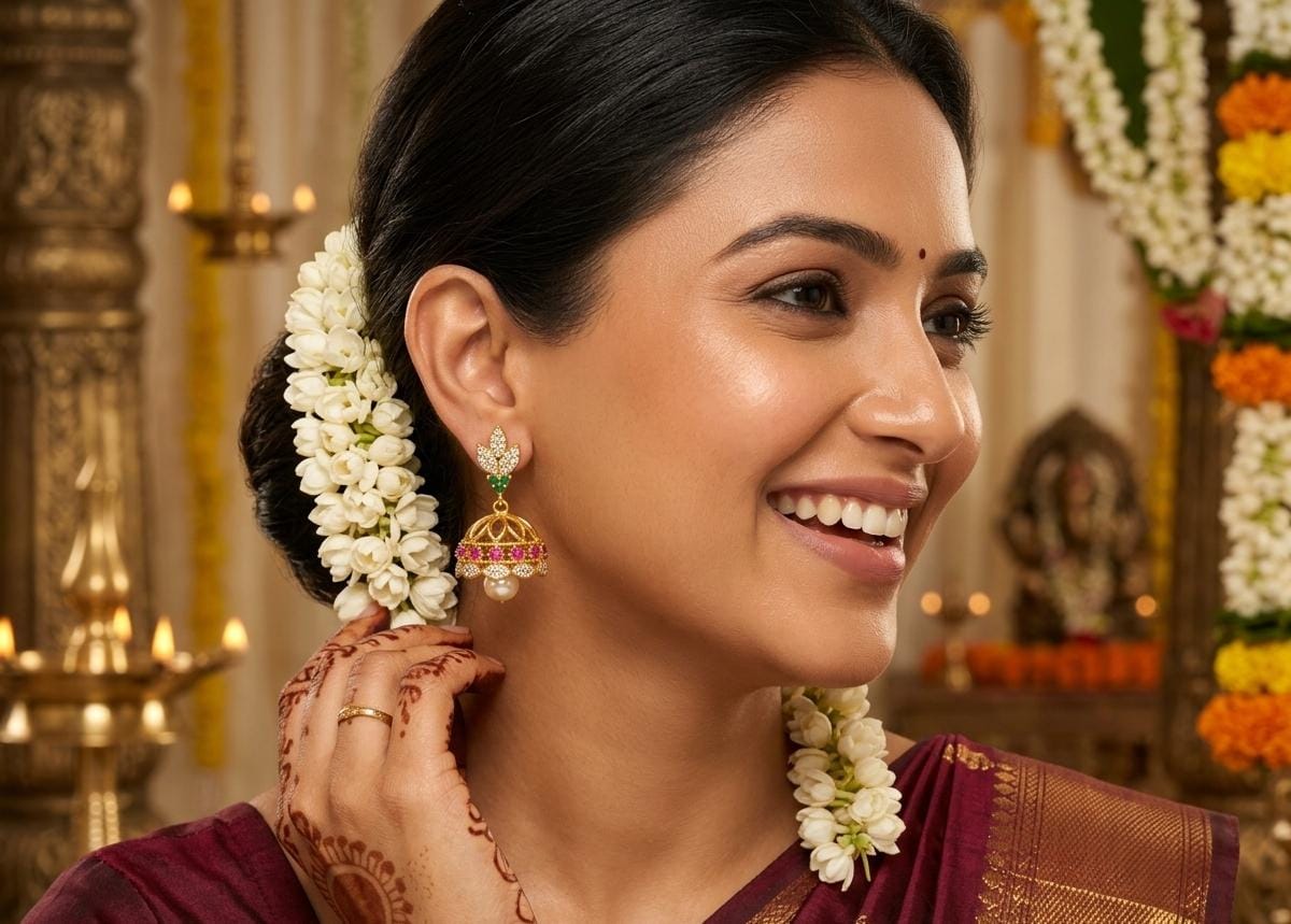 Gold Plated Pink Green Stone Jhumka Earrings
