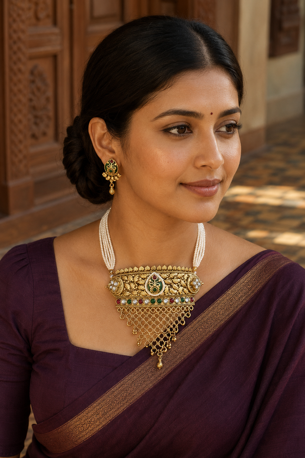 Floral Peacock Gold Plated Choker Necklace Set