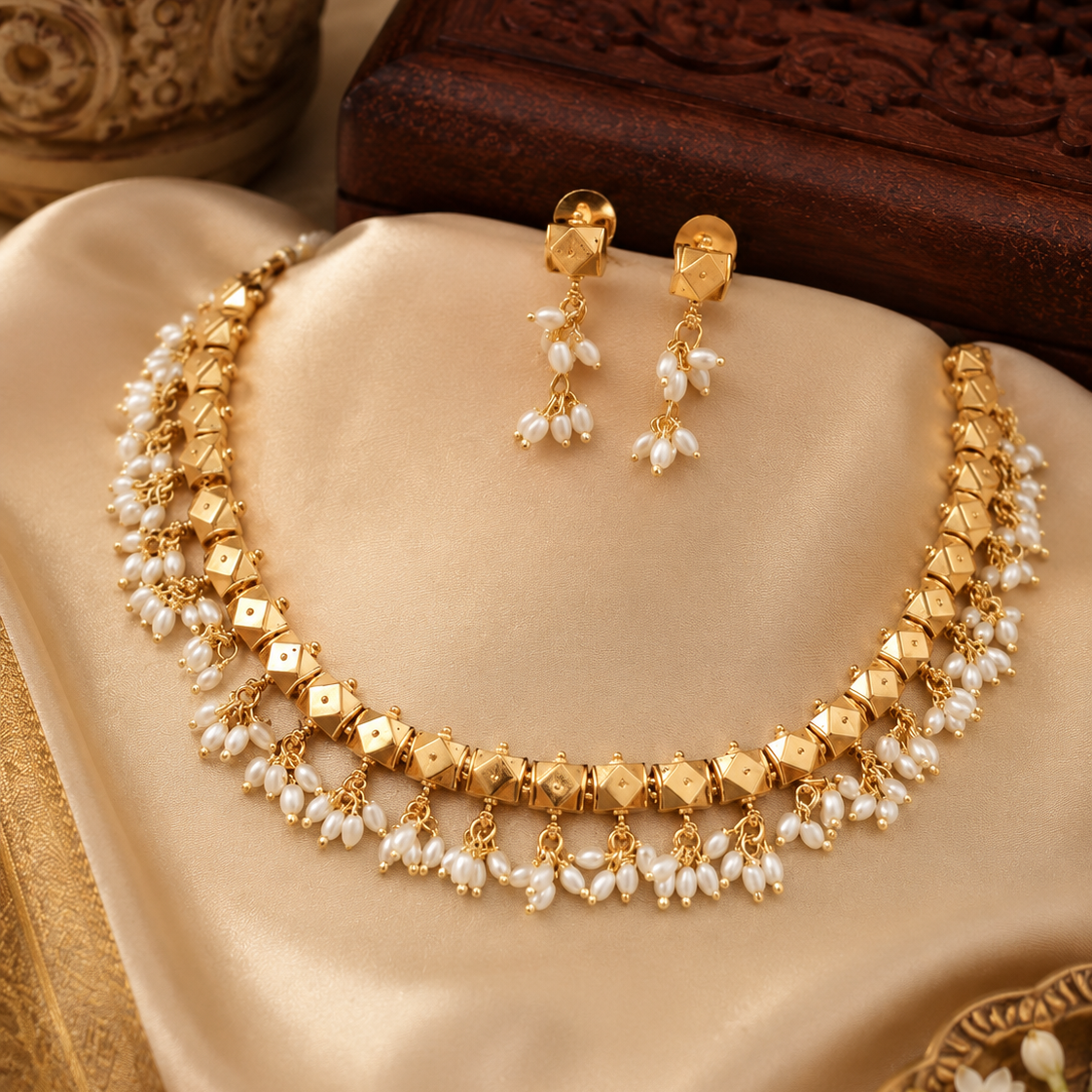 Pearl Beaded Fringe Gold Plated Necklace Set with Earrings